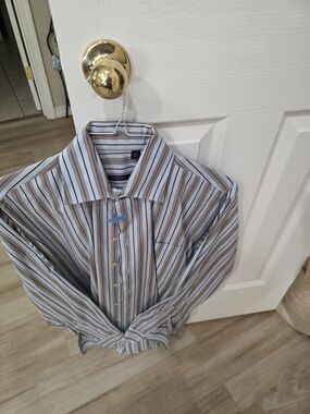 Burberry Brown and Blue Striped Cotton Dress Shirt